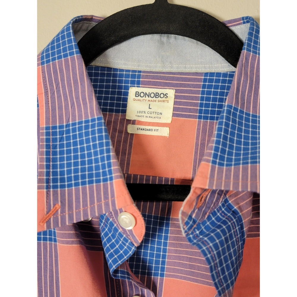Bonobos Large Standard Fit Cotton Stretch Shirt Blue Plaid‎ Button Down Casual